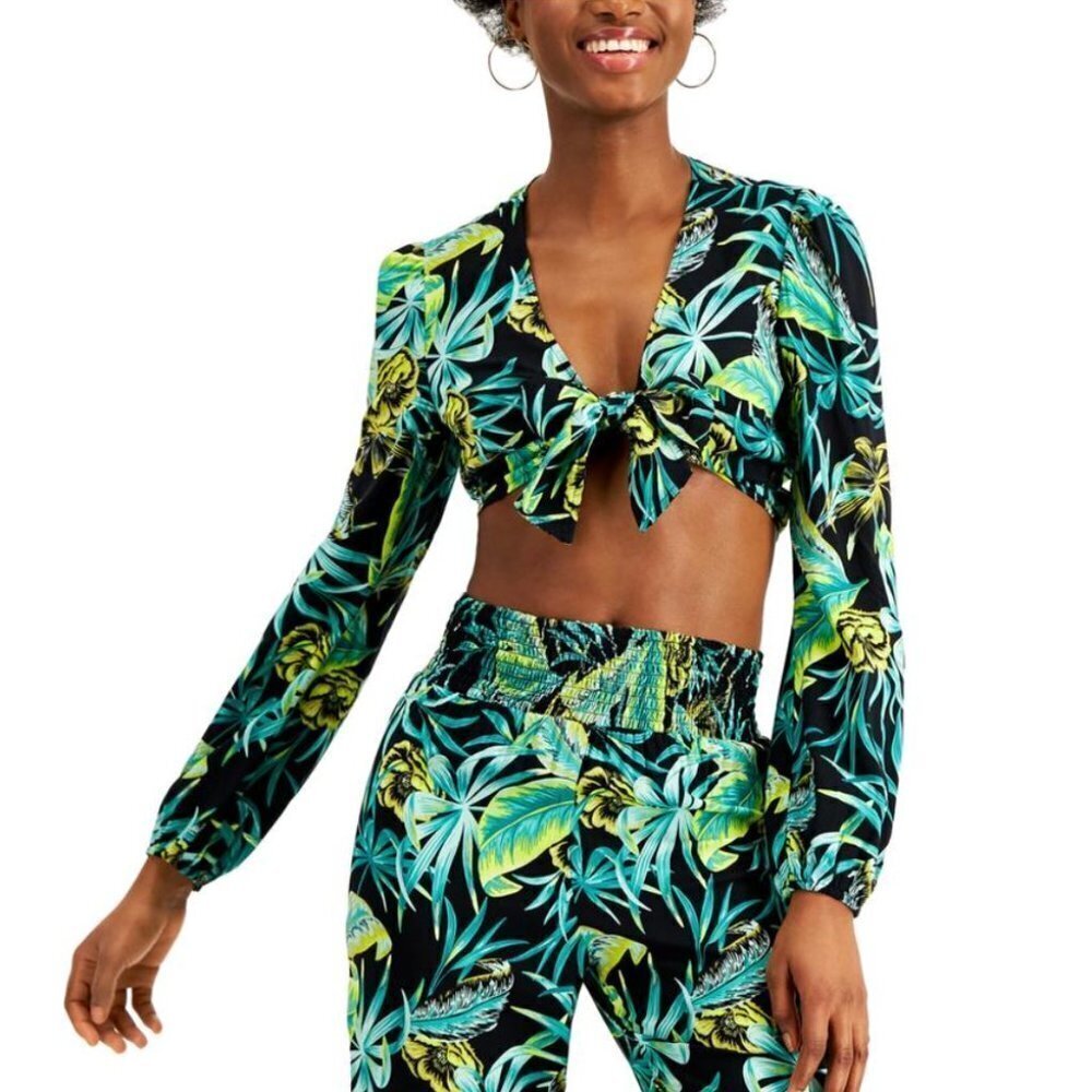 BAR III Floral Printed Black Tie Front Crop Top Long Sleeve Pants Set Sz XL/L